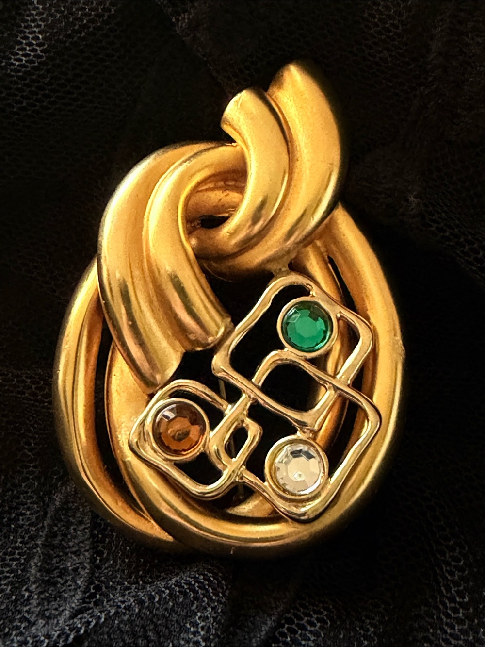 Vintage Mid Century Modern Gold Tone Brooch with Colored Rhinestones - 1960’s